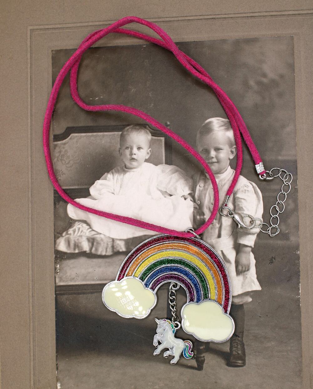 1990's Enamel Rainbow with Unicorn Pink Leather Strap Necklace